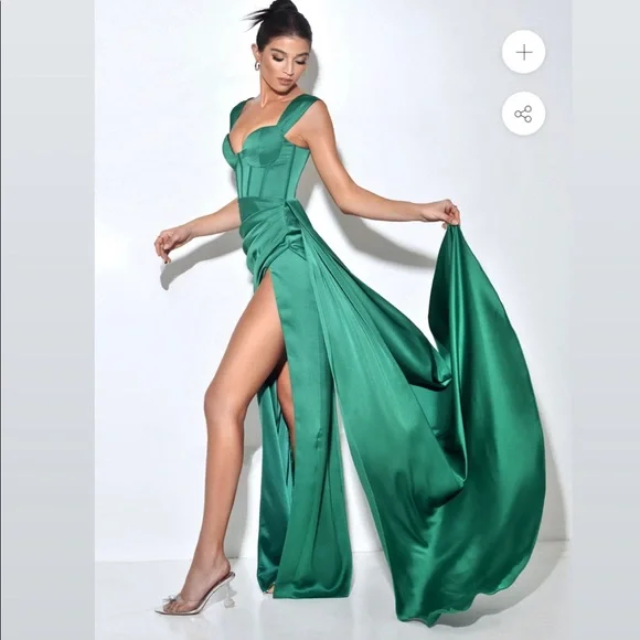 Zayda Green High Slit Corset Satin Gown - Picture 5 of 8